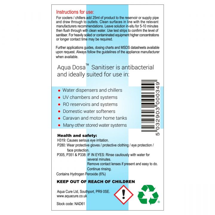 Aqua Dosa Plus Sanitising Fluid 6% Hydrogen Peroxide 1 Litre Bottle Instructions