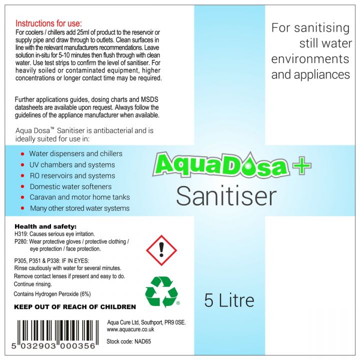 Aqua Dosa Plus Sanitising Fluid 6% Hydrogen Peroxide 5 Litre Drum Instructions